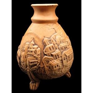 Vintage Handmade Clay Vase Folk Art Village Relief Rustic Terracotta Pottery 10"